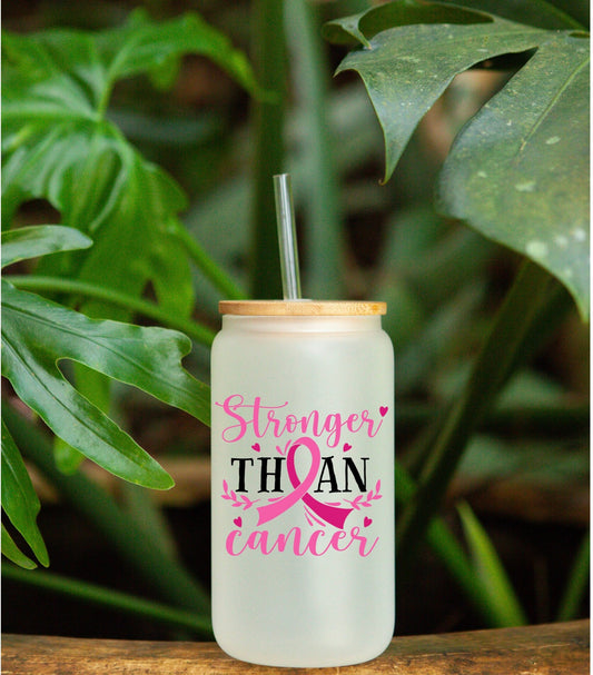 Stronger Than Cancer - 16oz Libby frosted Glass with bamboo Lid and Straw