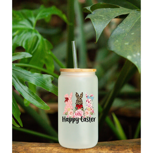 Happy Easter | Three Bunnies with Bows | 16oz Libby frosted Glass with bamboo Lid and Straw