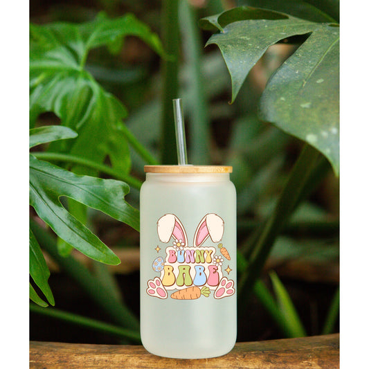 Happy Easter | Bunny Babe | 16oz Libby frosted Glass with bamboo Lid and Straw