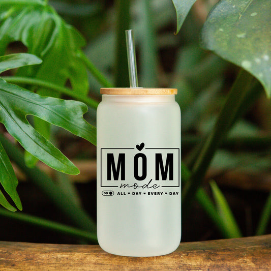 Mom Mode | All Day Every Day | 16oz Libby frosted Glass with bamboo Lid and Straw