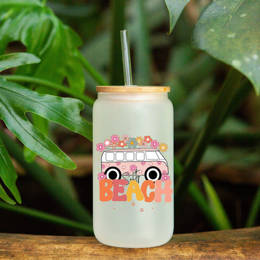 Salty Beach | 16oz Libby frosted Glass with bamboo Lid and Straw