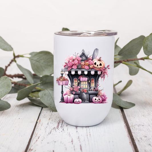 Halloween Pink Spooky House Coffee Cup- Wine Tumbler - White