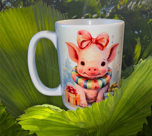 Holiday Cute Pink Pig Girl 15oz Coffee Cup