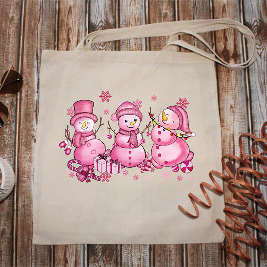 Happy Pink Christmas Snowman 15x16 Tote Bag