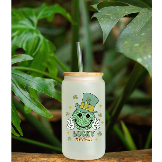 St. Patrick Day | Lucky Charm | 16oz Libby frosted Glass with bamboo Lid and Straw