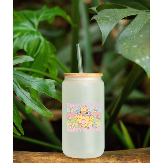 Happy Easter | Hoppy Easter Chick | 16oz Libby frosted Glass with bamboo Lid and Straw